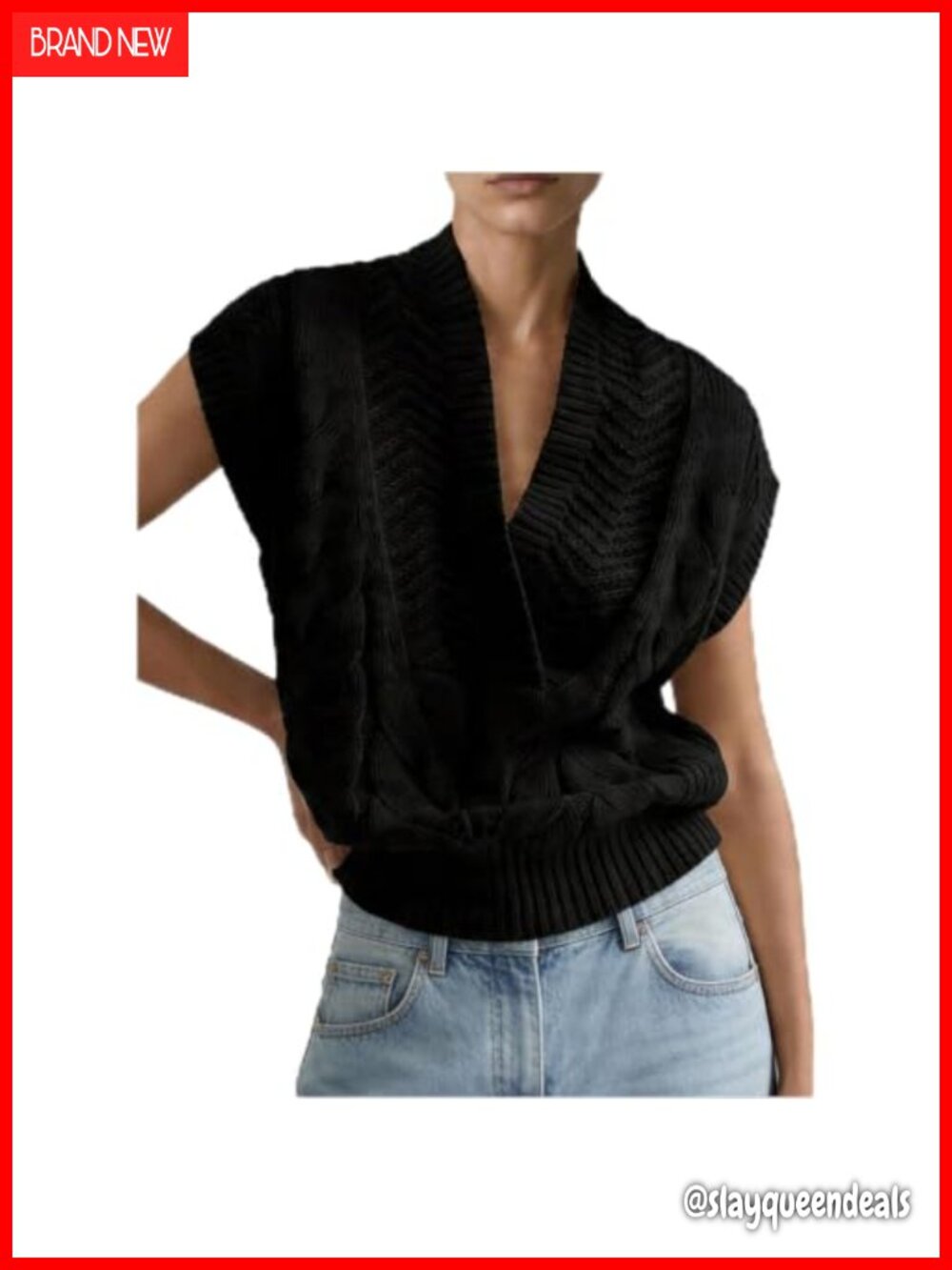 Women's Cable Knit Sweater Vest V Neck Sleeveless Pullover Top